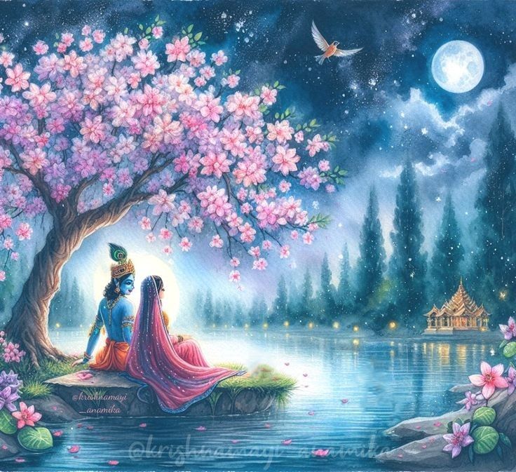 a painting of a man and woman sitting under a tree next to a lake at night