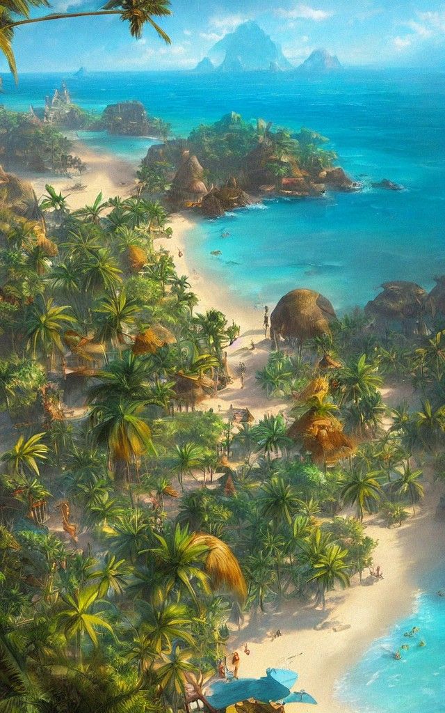 an artist's rendering of a tropical island with palm trees