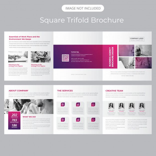 the square trifold brochure is shown in pink and purple tones, with two different