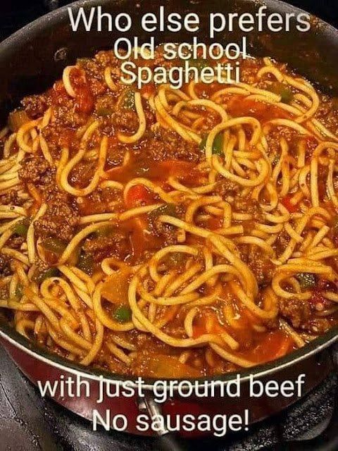 a skillet filled with noodles and sauce on top of a stove burner that says, who else prefers old school spaghetti? with just ground beef no sausage