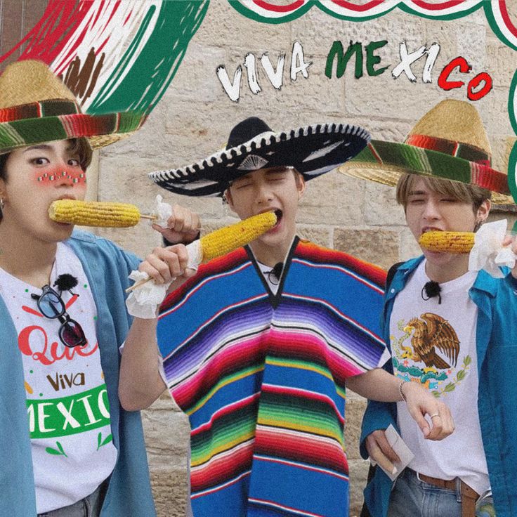 three boys wearing sombreros and eating corn on the cob in front of a mexican restaurant