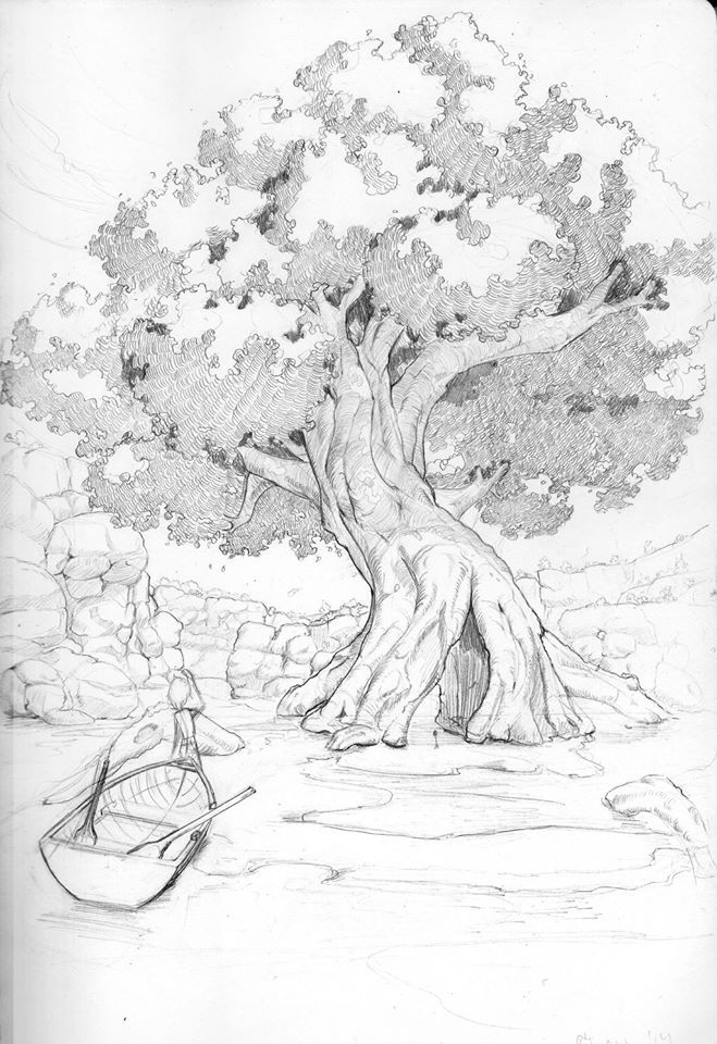 a pencil drawing of a tree with boats in the water