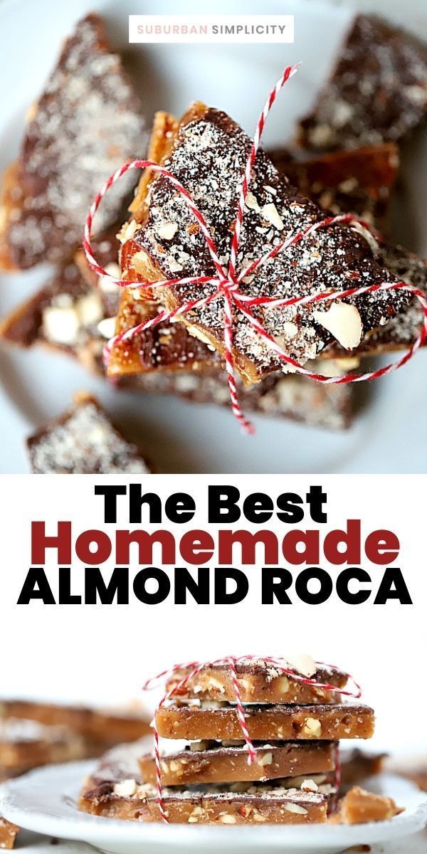 the best homemade almond roca recipe is shown on a white plate with red string