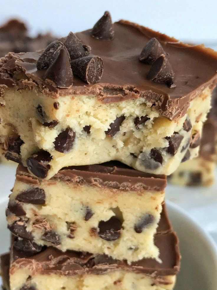 chocolate chip cookie bars stacked on top of each other