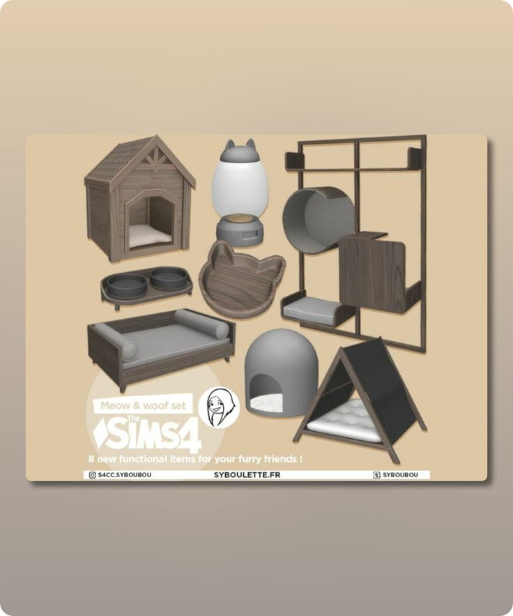 an assortment of furniture is shown on a beige background, including a dog house and other items