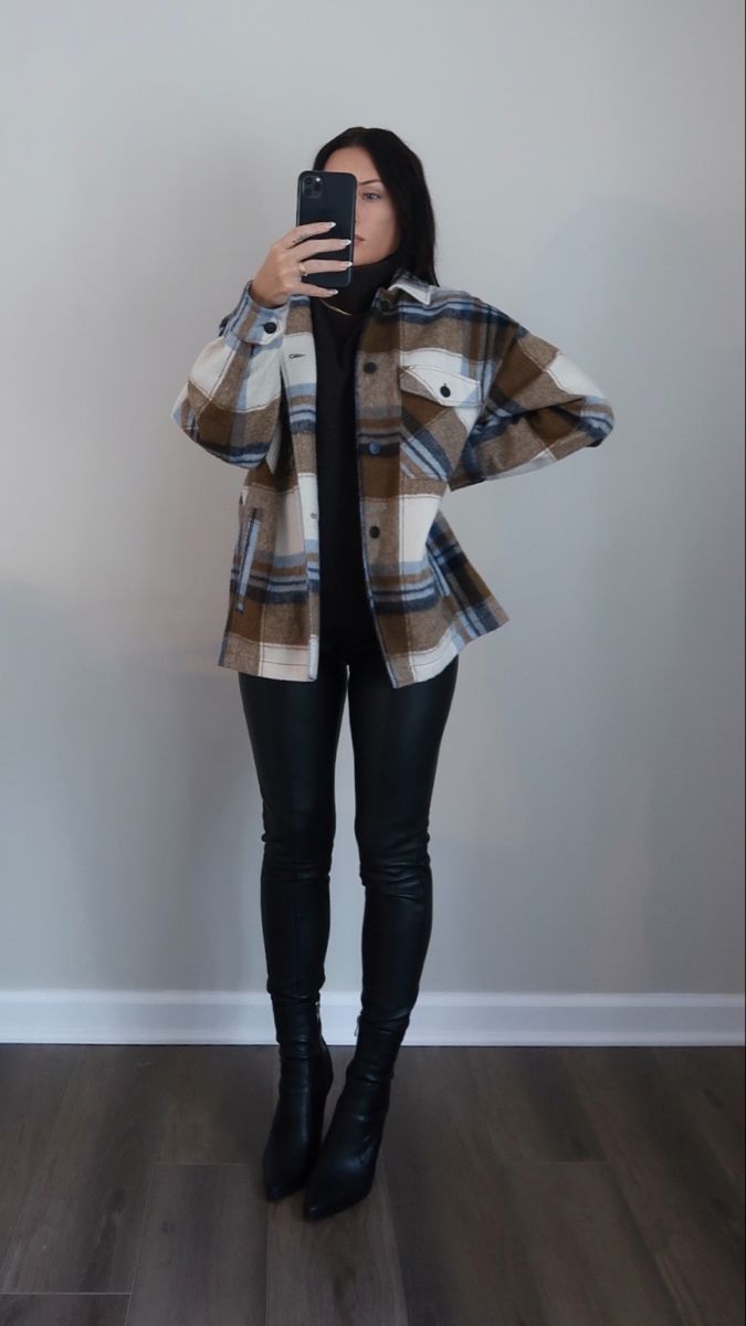 plaid shacket with leather leggings and black pointed toe boots Leather Pants And Shacket Outfit, Leggings Chic Outfit, Black Leather Pants With Shacket, Flannel With Leather Pants, Shacket With Leather Leggings, Leather Leggings Shacket, Plaid Shacket Leather Leggings, Outfit Inspo 2023, Day To Night Outfit