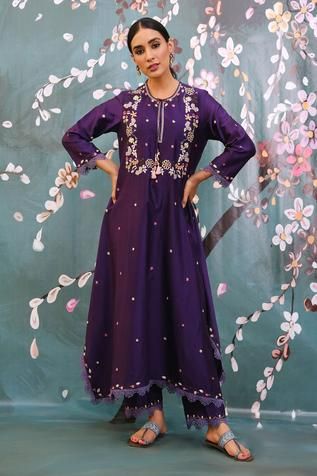 Shop for Niti Bothra Purple Chanderi Silk French Knot Kurta And Palazzo Set for Women Online at Aza Fashions Yam India Clothing, Aza Fashion Kurta Set, Niti Bothra, Heavy Suits, Kurta And Palazzo, Silk Kurta Set, Purple French, Silk Kurti Designs, India Clothes