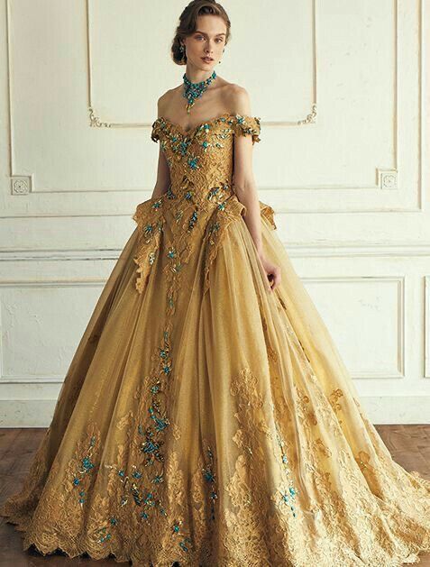 #dress Golden Ball Gown, Ball Gowns Fantasy, Yumi Katsura, Gold Formal Dress, Celebrity Wedding Dresses, Beautiful Long Dresses, Fairytale Fashion, Disney Princess Dresses, Royal Outfits