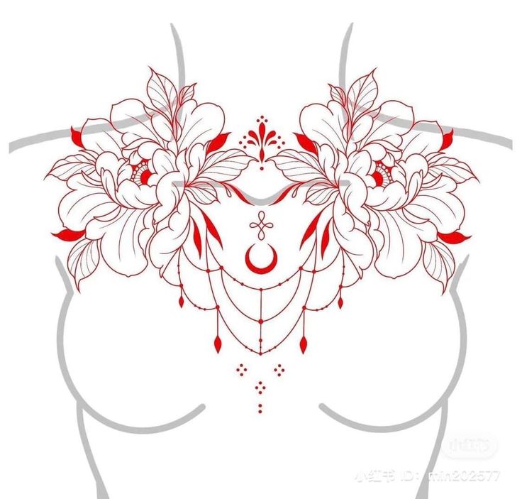 a woman's chest with flowers and leaves on her head, in red ink