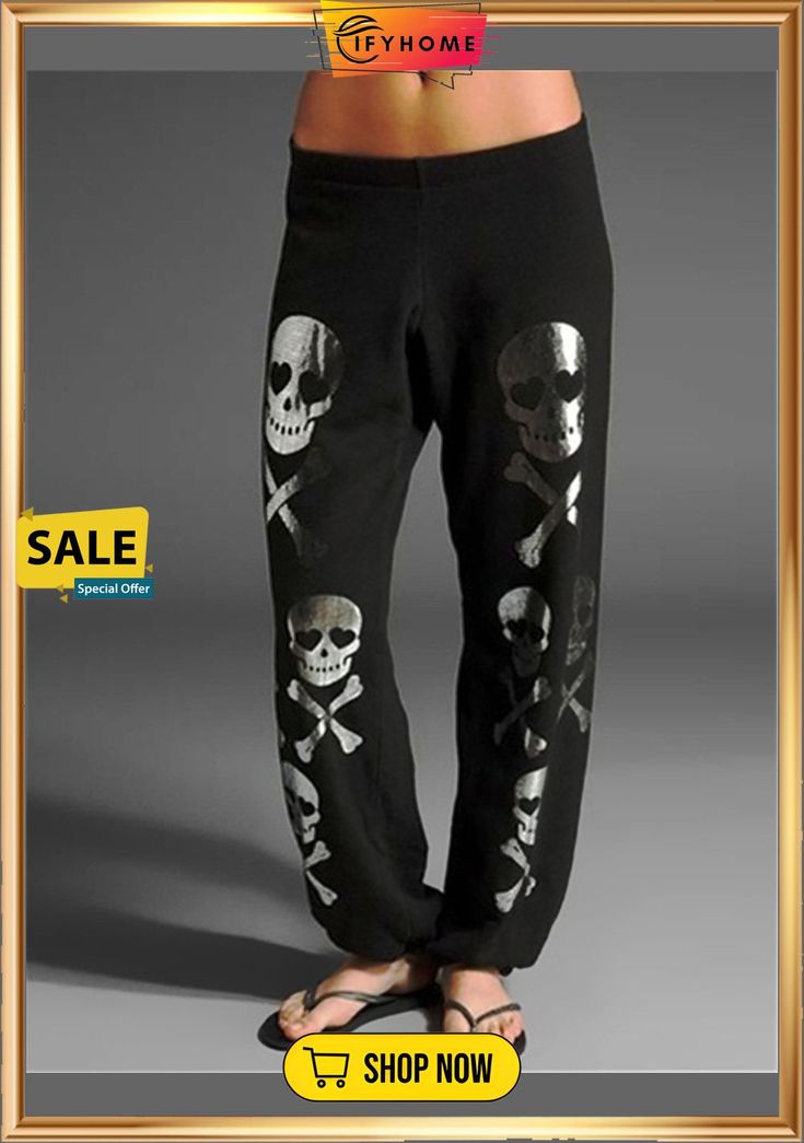 Casual Printed Cotton-blend Pants Skull Pant, Pants Skull, Outfits Punk, Skulls And Bones, Casual Punk, Skater Outfits, Sweatpants Outfit, Skull Clothing, Punk Emo