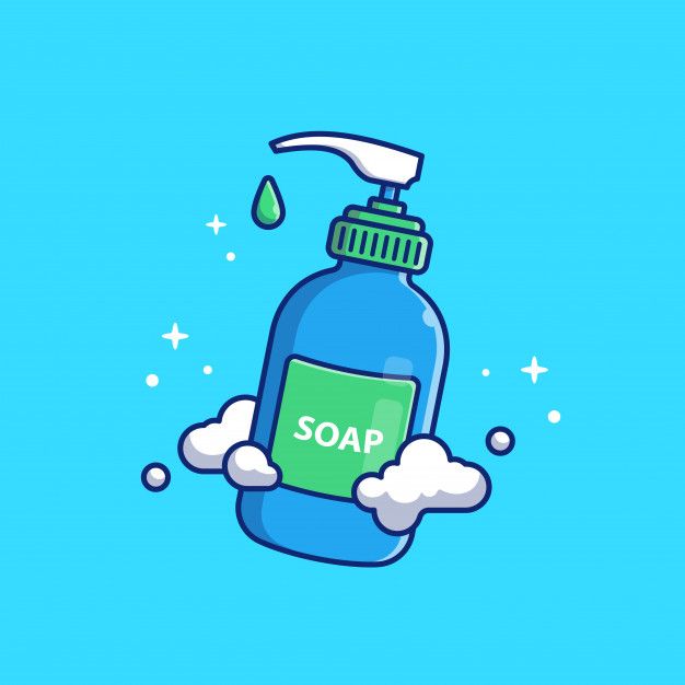 a soap bottle with the word soap on it is surrounded by clouds and drops of water