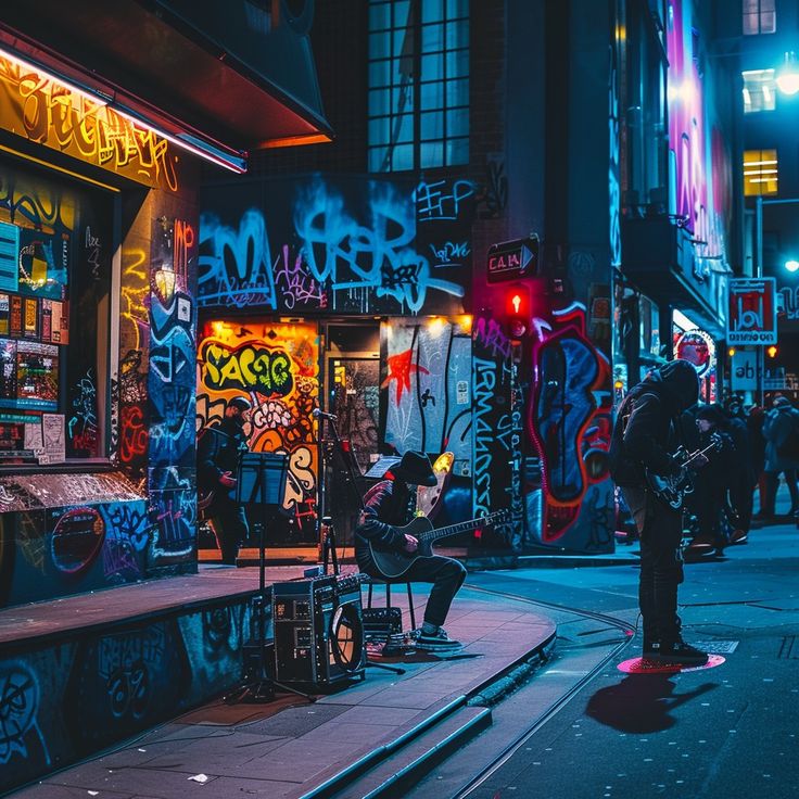 a group of people standing on the side of a road next to a building covered in graffiti