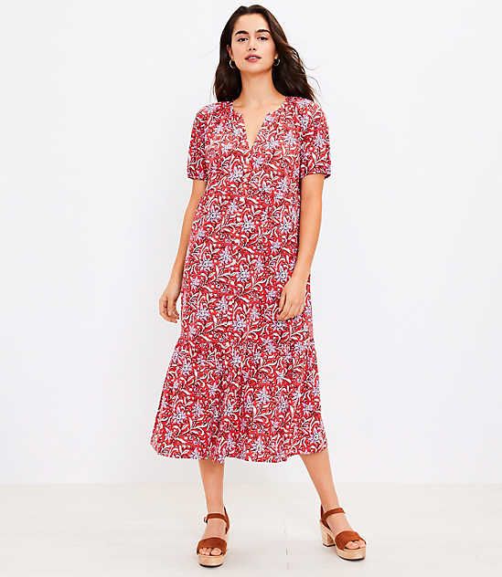 Indulge in romantic style with a pop of polish, courtesy of this flowy button-front, puff-sleeve frock. Split neck. Button front. Short sleeves with elasticized cuffs. Onseam pockets. Loft Petite Floral Tiered Pocket Shirtdress Size 2XS Rapture Red Women's by Loft Size Petite - 2XS Rapture Red Women's Dresses, 54%, Cotton, 46%, Rayon, Machine, Washable Strappy Maxi Dress, Ann Taylor Loft Dresses, Lace Shift Dress, Red Midi Dress, Printed Shift Dress, Tiered Maxi Dress, Dress 16, Spring Summer Dress, Romantic Style