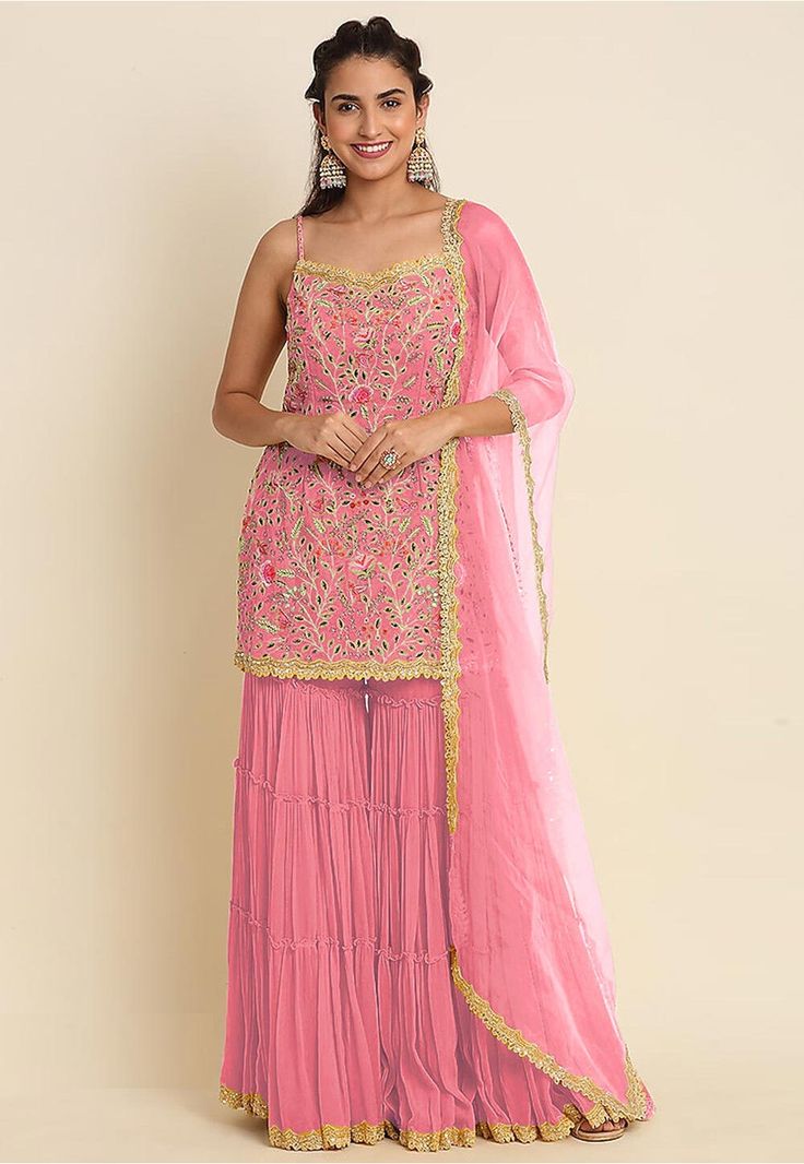 Faux Georgette Pakistani Suit in Pink This Unstitched attire with Poly Shantoon Lining is Enhanced with Resham, Zari and Sequins Work Available with a Faux Georgette Sharara in Pink and a Net Dupatta in Pink Do note: Accessories shown in the image are for presentation purposes only.(Slight variation in actual color vs. image is possible). Pink Salwar Suit, Sharara Style, Pink Sharara, Kids Kaftan, Georgette Sharara, Modest Evening Dress, Designer Salwar Kameez, Georgette Tops, Indian Salwar Kameez