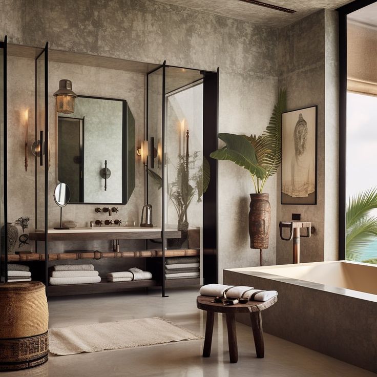 a bathroom with a tub, sink and large mirror on the wall next to it