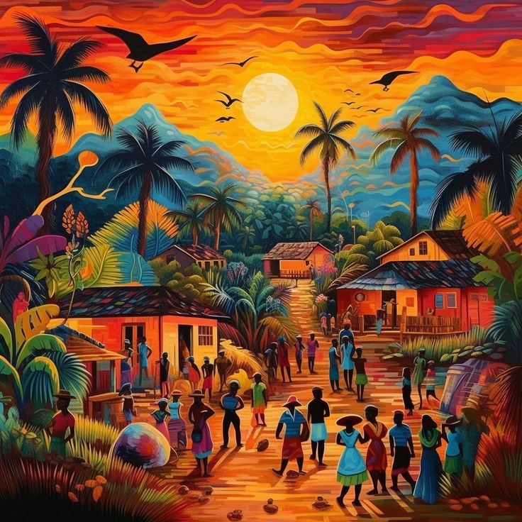 a painting of people walking on a road with houses and palm trees in the background