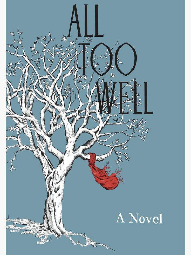 a book cover for all too well with a tree and a red scarf hanging from it's branches