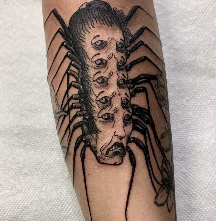 a man's arm with a spider on it and his face in the center