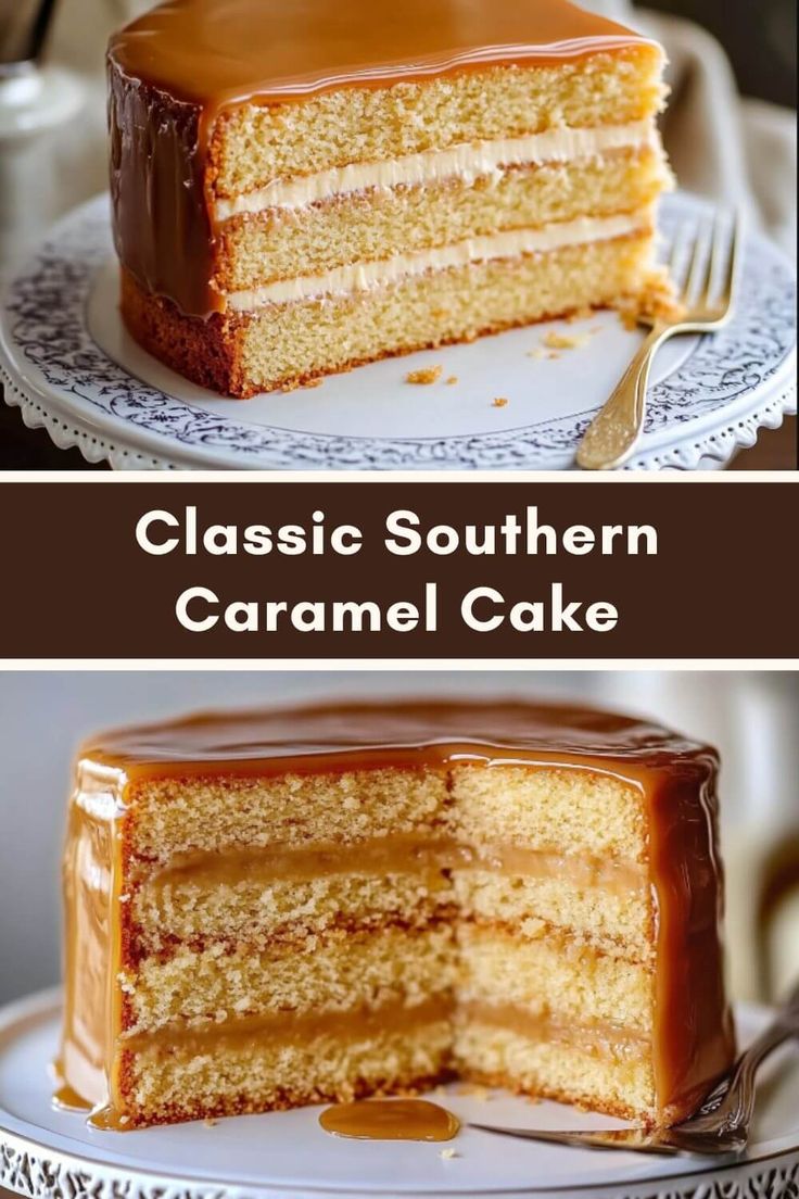 two pictures of a cake with caramel icing on top and the same layer