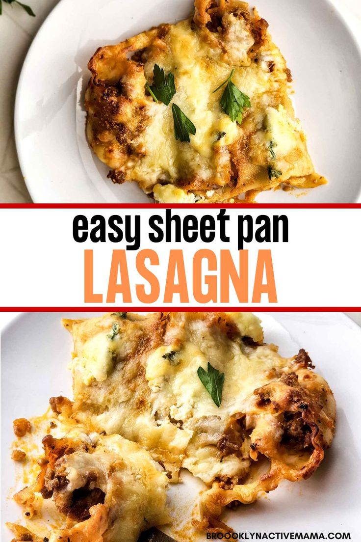 two white plates topped with lasagna covered in cheese and herbs, next to each other