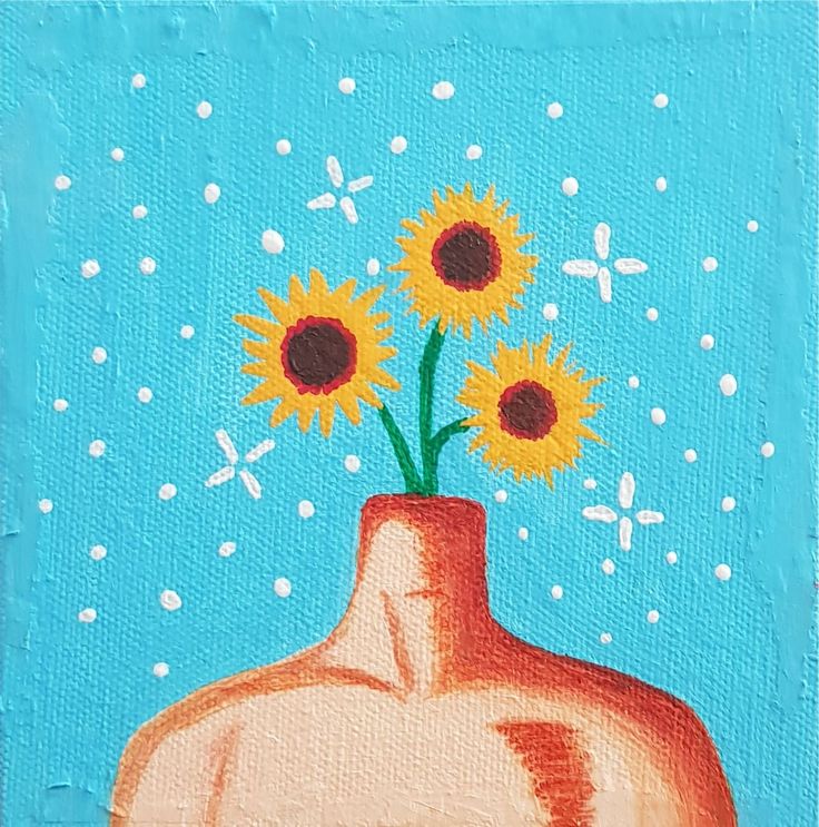 a painting of a vase with sunflowers in it on a blue background,