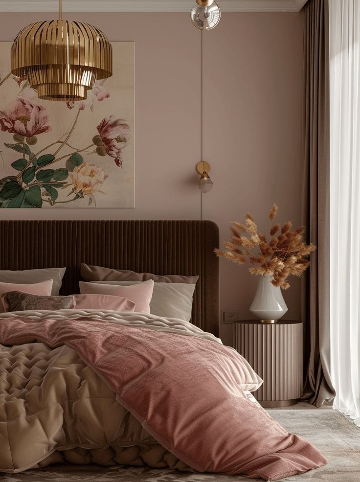 a bed with pink sheets and pillows next to a painting on the wall above it