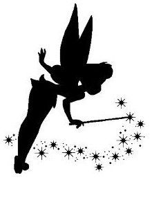 a black and white silhouette of a fairy holding a wand with stars in the background