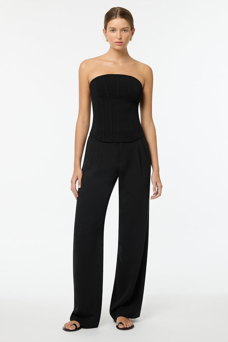 Crafted from a recycled polyester blend the Take Two Pleated Pant sits on the high hip with a modern straight-leg silhouette. The perfect 'desk to dinner' trouser and goes with just about anything in your wardrobe. Style number: 30848.BLK Chic Straight Silhouette Evening Bottoms, Sleek Straight Silhouette Bottoms For Evening, Black Straight Silhouette Bottoms For Evening, Chic Straight Silhouette Evening Pants, Chic Straight Silhouette Pants For Evening, Tailored Elastane Dress Pants For Night Out, Modern Black Party Pants, Modern Black Pants For Party, Chic Black Pants With Straight Silhouette