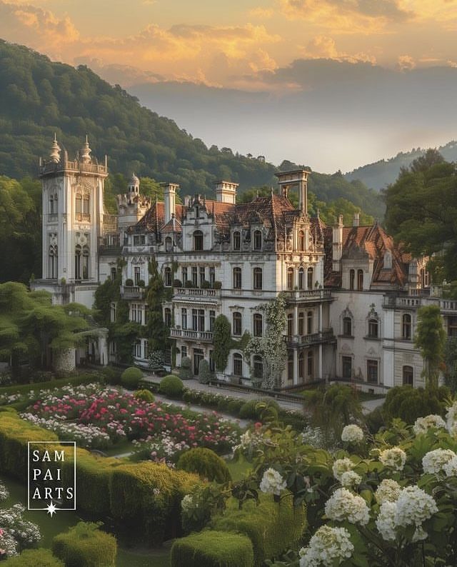 a large building with many windows and lots of flowers in the foreground, surrounded by greenery