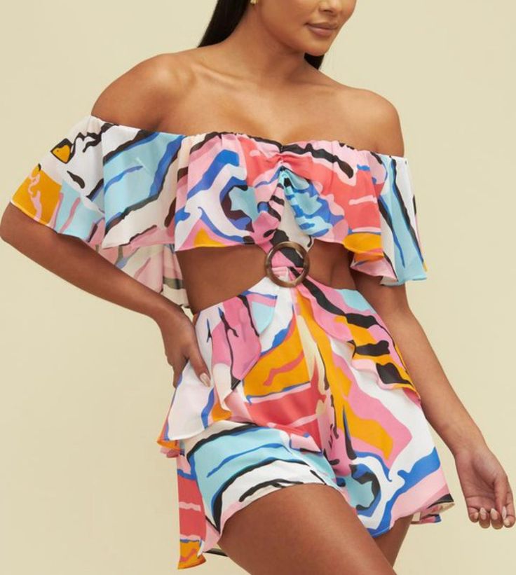 This tropical printed romper is uberly cute and stylish! Model is wearing a size small. Printed Romper, St Tropez, Tropical Print, Off Shoulder Blouse, Tankini, Two Piece Pant Set, Rompers, Fashion Outfits, Womens Dresses