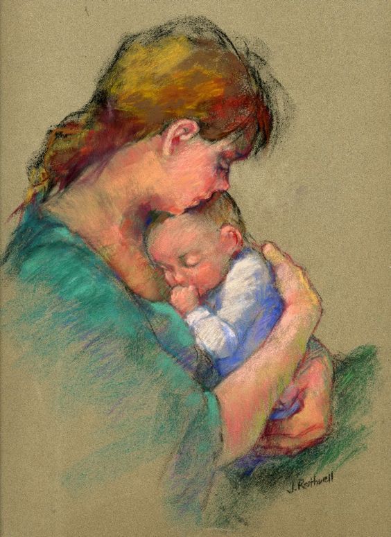 a pastel drawing of a woman holding a baby in her arms and looking at the viewer