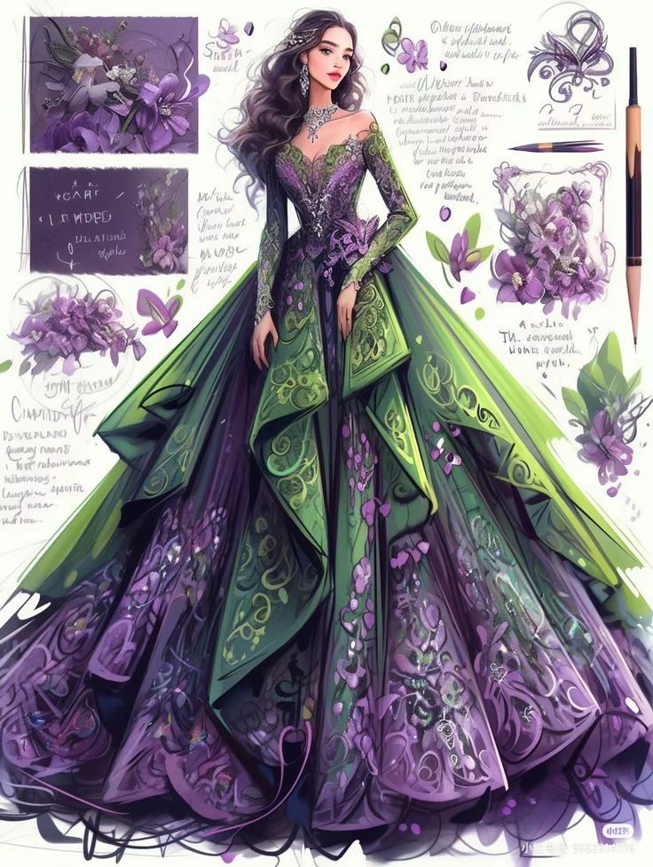 Purple Fantasy Outfit Drawing, Mystical Dresses Gowns, Purple Royal Dress, Green Fantasy Dress, Purple Fantasy Dress, Purple And Green Dress, Plum Wedding Dresses, Fae Dress, Tale Dress