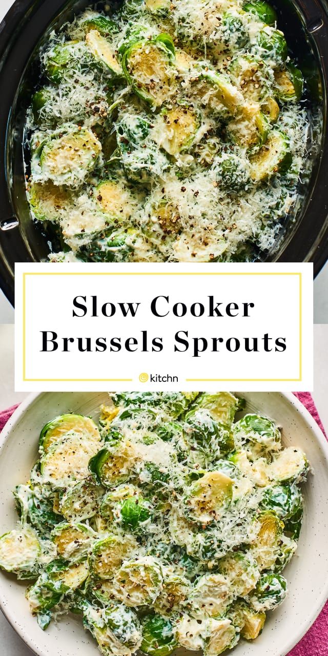 slow cooker brussel sprouts in a skillet with text overlay