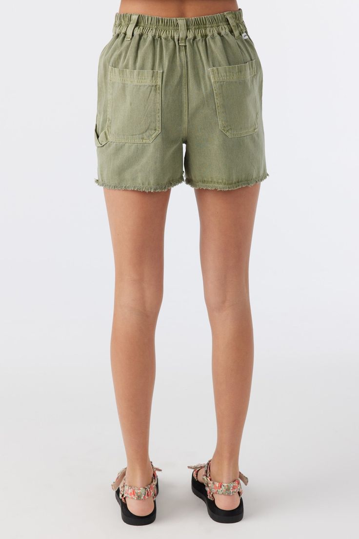 O'Neill Girl's woven short 3'' Inseam Length, 10'' Front Rise Slash Pockets Elastic at Back Waist Back Patch Pockets 100% Cotton twill | O'Neill Girl's Charli Ultility Shorts in Oil Green, Size XL, Twill Summer Khaki Cotton Shorts, Casual Green Shorts For Spring, Cotton Shorts With Frayed Hem, Khaki Shorts With Elastic Waistband, Olive Spring Shorts, Cotton Bottoms With Frayed Hem, Olive Summer Shorts, Casual High-waisted Green Shorts, Casual Green High-waisted Shorts