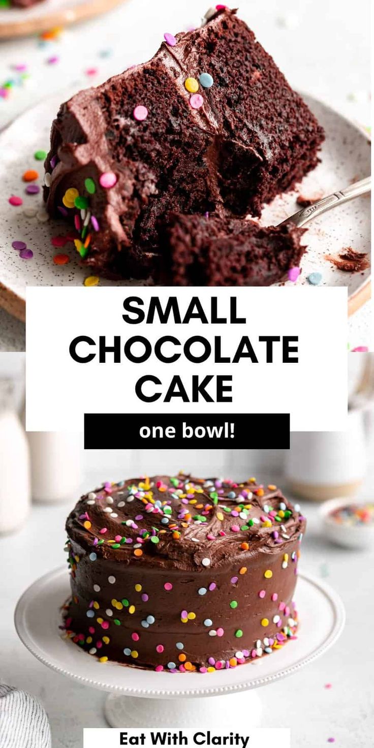 a chocolate cake with sprinkles on it and the words, small chocolate cake one bowl