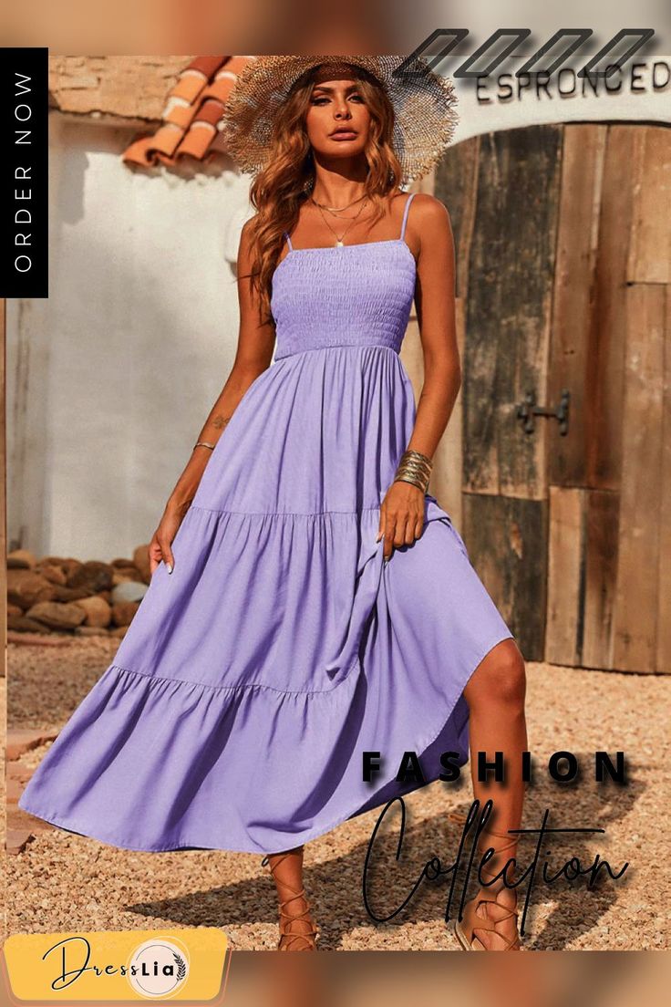 Summer Long Dress Women Sexy Spaghetti Strap Sleeveless Smocked Tiered Beach Maxi Dress Sundresses Vestido Feminino Solid Color Spaghetti Strap Maxi Dress For Vacation, Solid Spaghetti Straps Maxi Dress For Vacation, Solid Color Maxi Dress With Spaghetti Straps For Beach, Solid Color Maxi Dress With Spaghetti Straps For Vacation, Vacation Beach Sundress Smocked Dress, Beach Season Sundress With Smocked Bodice For Vacation, Bohemian Sundress For Beach, Vacation Smocked Sundress For Beach Season, Vacation Beach Smocked Sundress