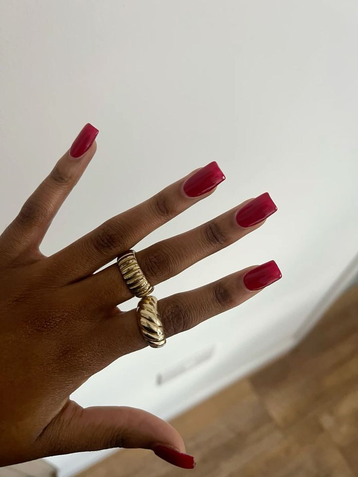 rednails acrylic nails Red Nail Polish Black Women, Red With Gems Nails, Red Nails 90s, Red 21st Birthday Nails, Short Classy Red Nails, Classic Nails Red, Short Square Cherry Nails, Auburn Nails Acrylic, Red Short Square Acrylic Nails