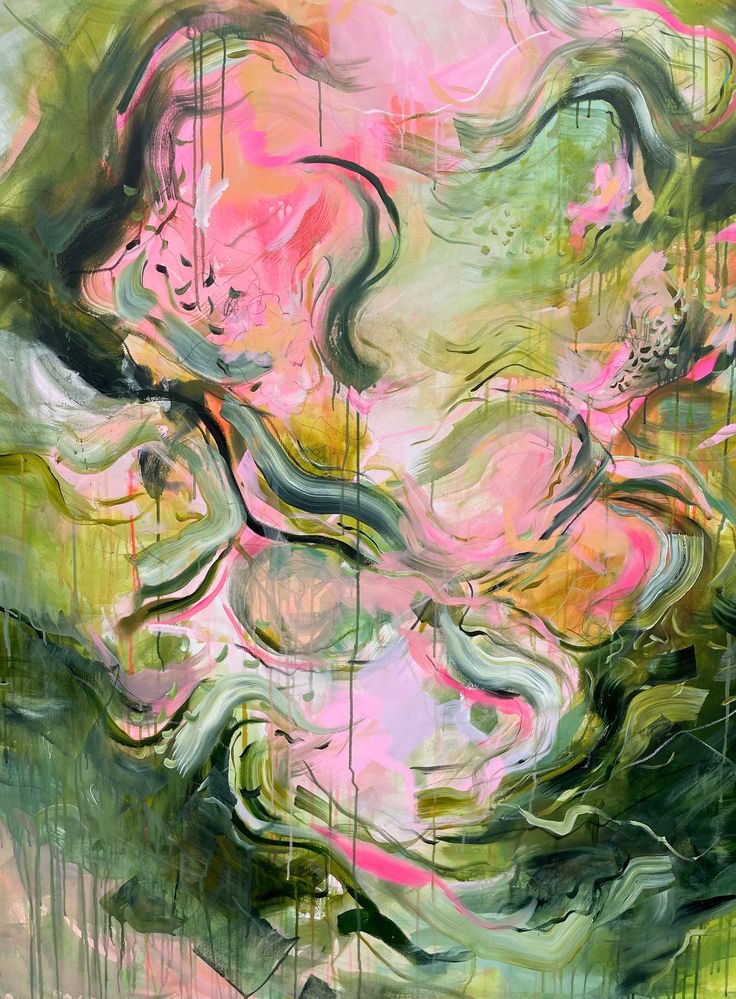 an abstract painting with pink, green and yellow colors