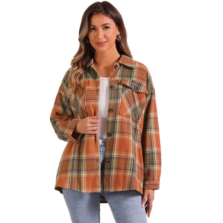 Designed with a loose fit and drop shoulder sleeves, this shirt offers a relaxed and comfortable feel. It drapes effortlessly on the body, allowing for ease of movement and optimal comfort throughout the day. This versatile plaid shirt can be dressed up or down for various occasions. Pair it with jeans and sneakers for a laid-back weekend look, or tuck it into a skirt and add heels for a more polished ensemble. It seamlessly transitions from day to night. Crafted from materials, this shirt is so Cheap Trendy Flannel Shirt With Pockets, Cheap Plaid Summer Blouse, Cheap Flannel Shirt For Spring, Cheap Spring Flannel Shirt, Cheap Plaid Shirt For Day Out, Women Check Shirt, Cheap Relaxed Fit Flannel Shirt For Spring, Cheap Fall Shirt With Patch Pockets, Women's Plaid Shirt Casual