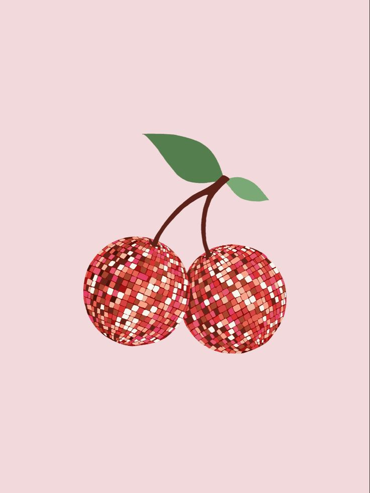 two cherries with green leaves on pink background