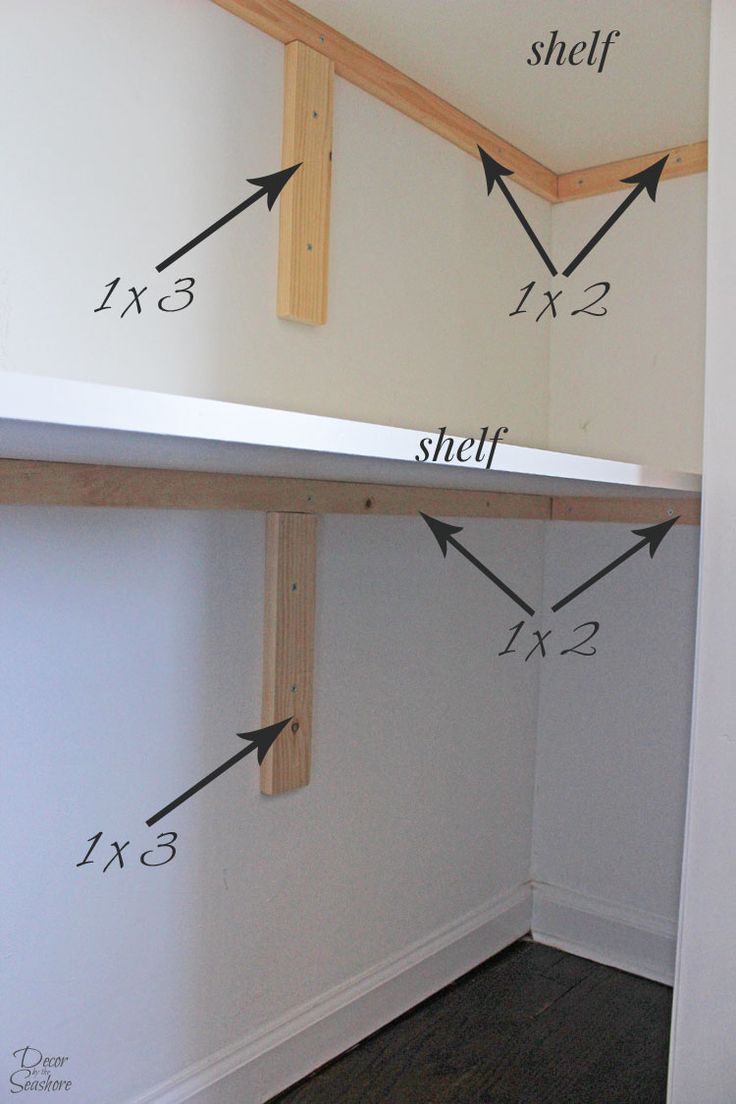 an empty room with shelves and measurements for the wall to be built into each other