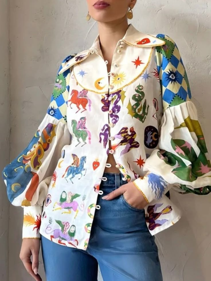 Mode Prints, Weave Style, Vintage Blouse, Loose Outfit, Turndown Collar, Boho Print, Elegant Shirt, Collar Top, Lantern Sleeve