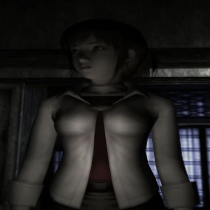 an animated image of a woman with no shirt and red tie standing in a dimly lit room