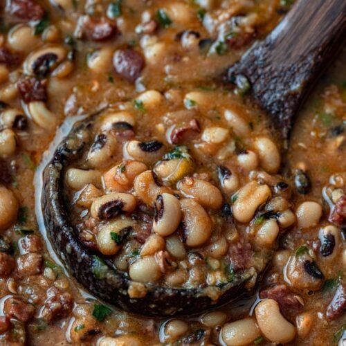 beans and sausage stew in a pot with a wooden spoon