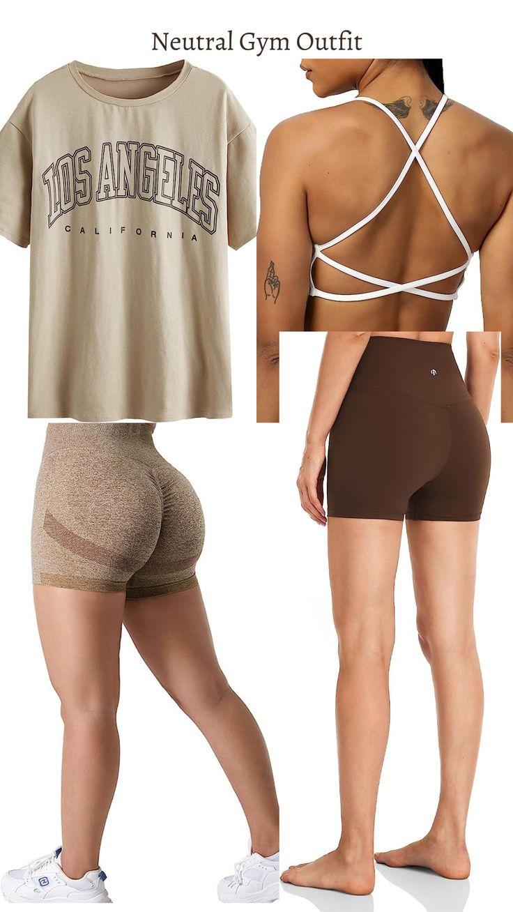 Oversized Tee Gym Outfit, Pump Cover Gym Outfit, Gym Outfit Ideas, Scrunch Shorts, Pump Cover, Gym Outfits, White Sports Bra, Brown Shorts, Gym Shorts