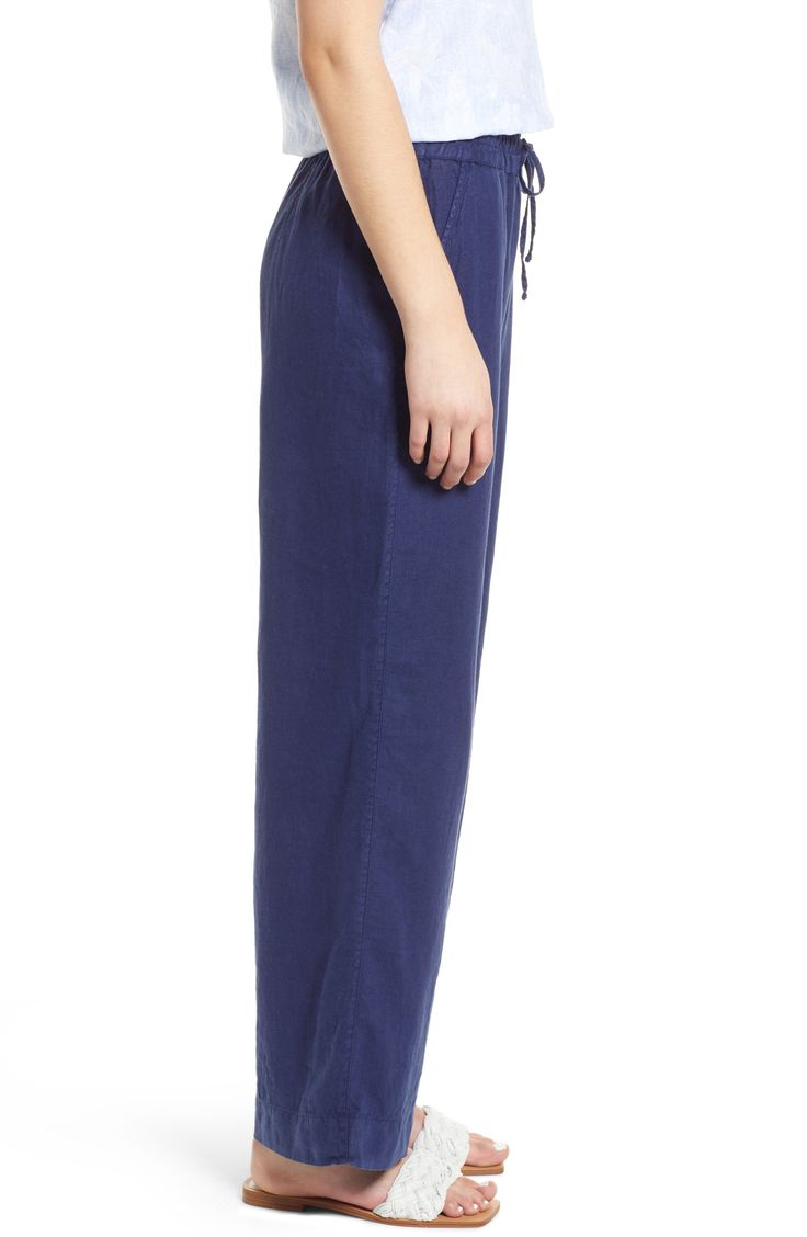 Crafted from lightweight linen, these tie-waist pants feature breezy wide legs for vacation-ready vibes. 30 1/2" inseam; 22" leg opening; 11 1/2" front rise; 17" back rise (size Medium) Elastic/drawstring waist Side-seam pockets 100% linen Machine wash, line dry Imported Relaxed Fit Wide Leg Pants With Tie Waist, Spring Vacation Wide Leg Pants In Relaxed Fit, Relaxed Fit Ankle-length Bottoms For Vacation, Relaxed Fit Wide Leg Pants For Spring Vacation, Ankle-length Bottoms With Relaxed Fit For Vacation, Wide Leg Linen Pants With Tie Waist, Ankle-length Wide Leg Pants For Spring Vacation, Relaxed Fit Linen Wide Leg Pants With Tie Waist, Linen Wide Leg Pants For Daywear