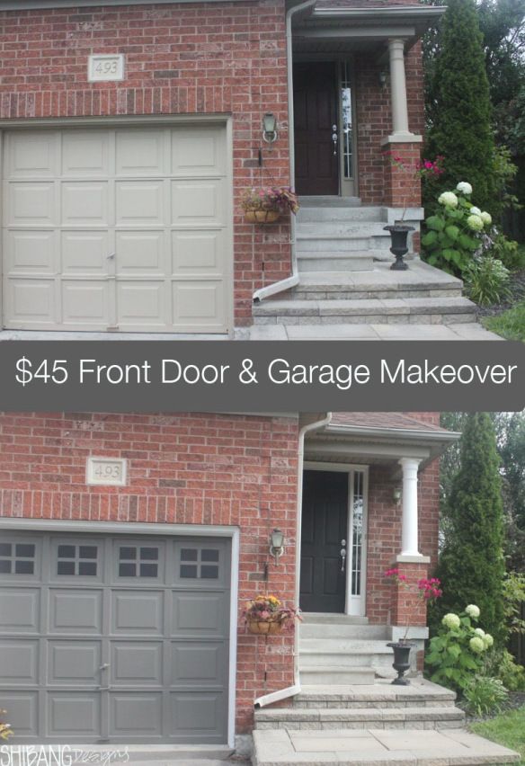 the front door and garage makeover is shown in two different photos, one with gray doors