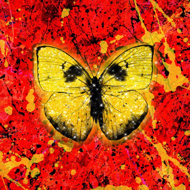 a yellow butterfly with black spots on it's wings is seen in this artistic photograph