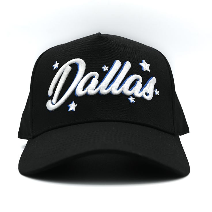 a black hat with the word dallas written in white and blue stars on it's front