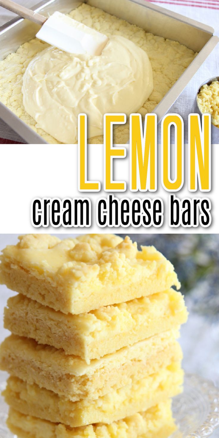 lemon cream cheese bars are stacked on top of each other and ready to be eaten